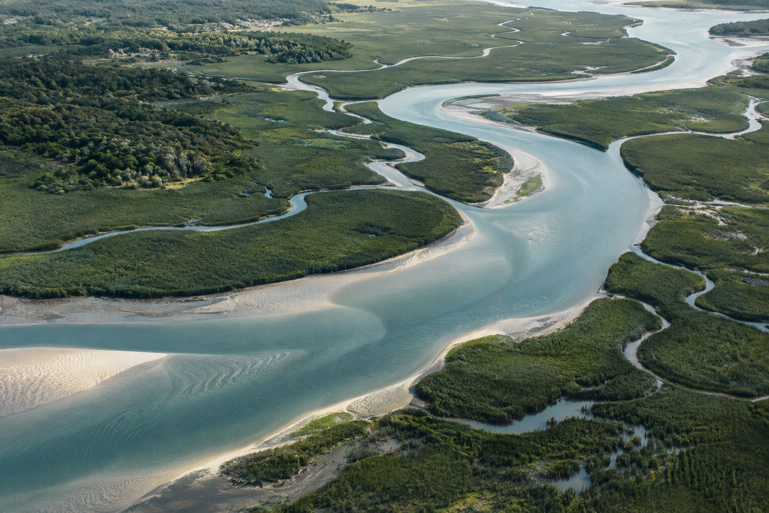 Winding streams converging into a single river through green marshland